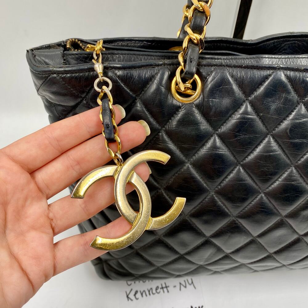 Chanel Vintage Quilted Tote Bag Black Leather Shoulder Shopper chain 24kt - Picture 7 of 15
